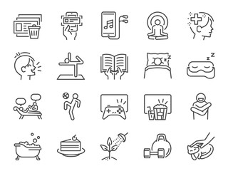 Self-care during self quarantine line icon set. Included icons as take care of your mind, enjoy, emotion, mental health, relax and more.