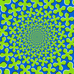 Optical motion illusion vector background. Green cruciform shapes move around the center on blue background.