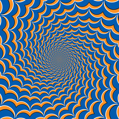 Optical motion illusion vector background. Orange seagull symbols move around the center on blue background.