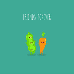vegetables, green pea and carrot friends forever. Vector illustration.