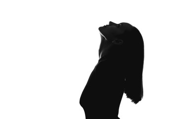 black and white portrait silhouette of woman on side with his head thrown back