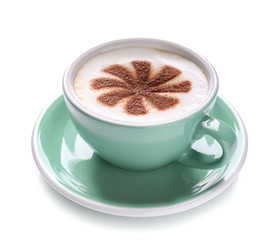 Cup of tasty cappuccino on white background