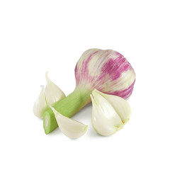 Spring young garlic, whole bulb and peeled cloves isolated on white background. Culinary ingredient, spice and natural antibiotic.