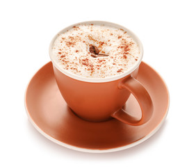 Cup of tasty cappuccino on white background