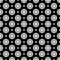 Vector seamless pattern. Abstract simple flower design. White elements on a black background. Modern minimal illustration perfect for backdrop graphic design, textiles, print, packing, etc.