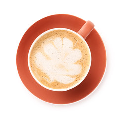 Cup of tasty cappuccino on white background