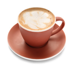 Cup of tasty cappuccino on white background