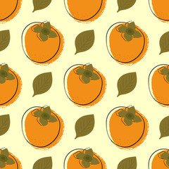 Seamless pattern of stylized orange persimmon fruit and leaves on yellow background. Vector flat illustration.