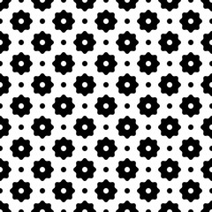 Seamless pattern. Vector abstract simple design. Black flower elements and dots on a white background. Modern minimal illustration perfect for backdrop graphic design, textiles, print, packing, etc.