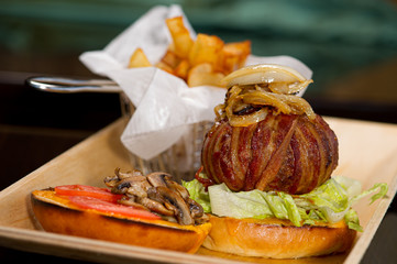 Bacon Wrapped Burger and Fries
