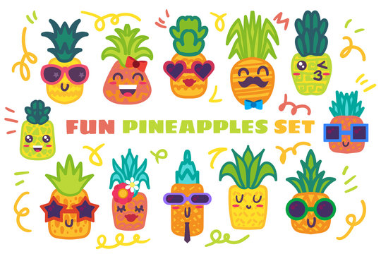 Funny pineapple hand drawn stickers set