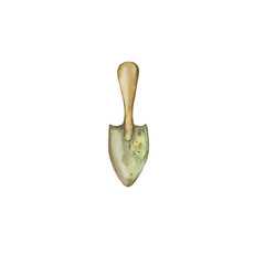 Watercolor illustration of a garden tool shovel for the earth. Hand-drawn with watercolors and is suitable for all types of design and printing.