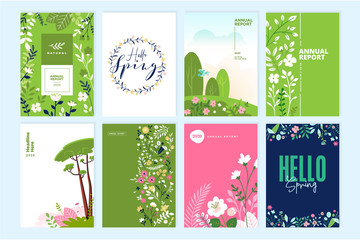 Set of brochure designs on the subject of nature, spring, beauty, fashion, natural and organic products, environment. Vector illustration or cover design templates, annual reports, marketing material. © PureSolution