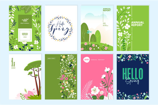 Set of brochure designs on the subject of nature, spring, beauty, fashion, natural and organic products, environment. Vector illustration or cover design templates, annual reports, marketing material.