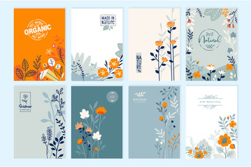 Fototapeta na wymiar Set of brochure designs on the subject of nature, spring, beauty, fashion, natural and organic products, environment. Vector illustration concepts for cover designs, annual reports, business papers, p