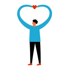 Fototapeta na wymiar Vector illustration with man in blue sweater holding red heart. Love who you are and love yourself concept art.