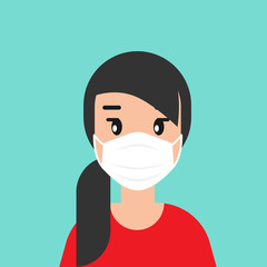 girl with medical mask avatar. cute woman with black hair. flat icon on blue background. person character.