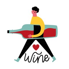 Vector illustration with young man holding huge red wine bottle. Wine lettering word and heart. Funny colored typography poster with grunge dots, apparel print design, bar menu or wall decoration