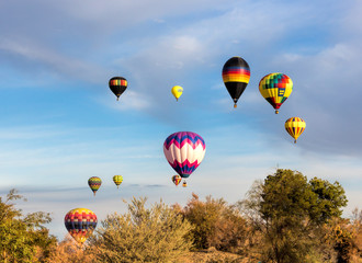 Naklejka premium hot air balloons flying above the trees
