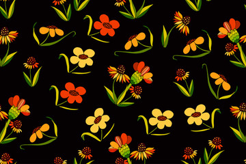 Vector seamless pattern, autumn and summer theme. Hand drawn decorative cartoon flowers on a black background, for the design of textiles, fabric, wrapping paper.