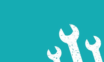 Vector flat background with white grunge wrench or spanner on the right side on blue horizontal background.