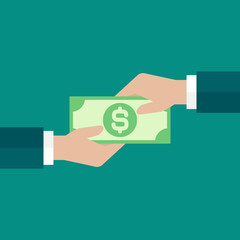 businessman hand hand gives dollar banknote to another hand. Vector flat illustration on blue.