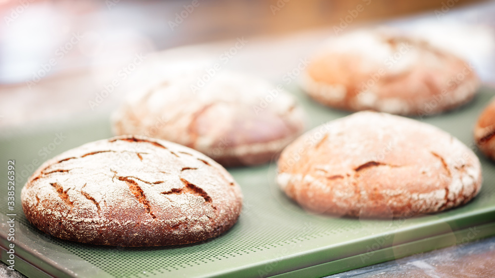 Poster bakery concept. fresh fragrant bread close-up