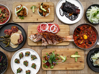 set of different meat dishes