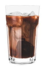 Glass of tasty iced coffee on white background