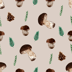Mushrooms autumn vibes seamless pattern