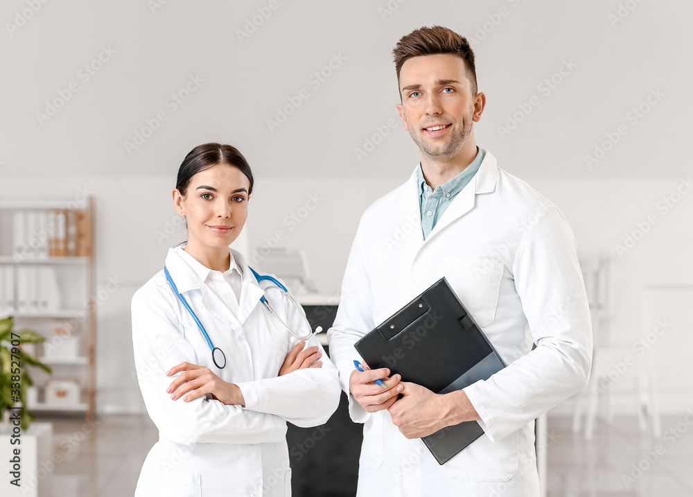 Sticker Male and female doctors in clinic