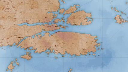 Ancient abstract earth relief map with big data and connections. Generated conceptual vector elevation map. Isolines of fantasy landscape. Geographic map vintage design. Elegant topography