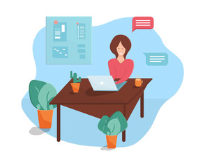 Vector illustration. Leave to work at home or office. Woman working on laptop. Business correspondence.