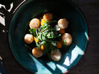 Scallop dish with arugula salad. Top view, space. Plating, fine dining