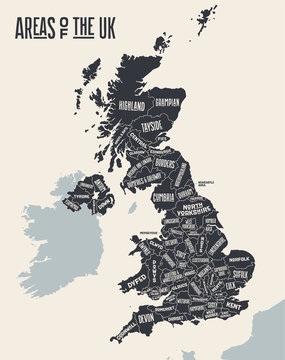 Map United Kingdom. Poster map of areas of the United Kingdom. Black and white print map of United Kingdom for t-shirt, poster, print. Hand-drawn graphic map with areas. Vector Illustration