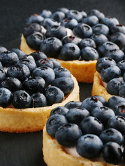 Blueberry tart on the table. Closeup of two tartlets with fresh blueberries