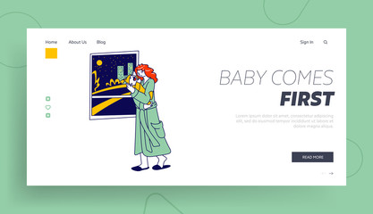 Obraz na płótnie Canvas Maternity, Mother Care Landing Page Template. Tired Woman Character with Sleepy Face Holding Newborn Baby on Hands Rock to Sleep Crying Child with Cramps. Linear People. Linear Vector Illustration