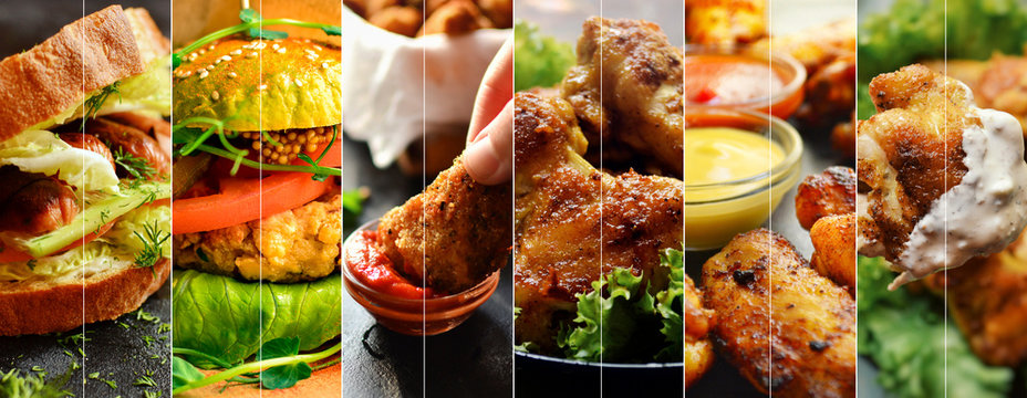 Chicken dishes. Nuggets,meatballs,chicken breast, wings. Different food. A variety of meat dishes. Food collage.
