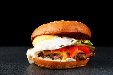 tasty fresh burger with egg on dark isolated background. Homemade hamburger or burger with fresh vegetables and cheese