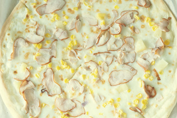 Delicious pizza with white sause, close up