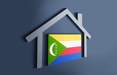 Comoros is my home. 3D illustration that represents a house with the flag of the country inside, suggesting the love for the native country.