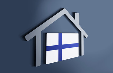 Finland is my home. 3D illustration that represents a house with the flag of the country inside, suggesting the love for the native country.