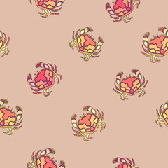 Bright cute pink and orange crabs on pale beige-pink background. Seamless animal ocean pattern.