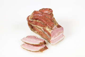 Smoked pork meat over white background