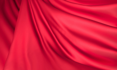 Red silk flowing - 3d realistic render illustration. Smooth fabric falls, fluttering in the wind. Drapery, red curtains. Blank space for ad text. Fabric folds - fashion template branding mockup.