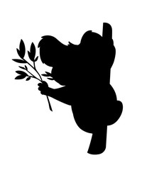 Black silhouette koala bear sit on wood branch and eating leaves cartoon animal design flat vector illustration isolated on white background © Alfmaler