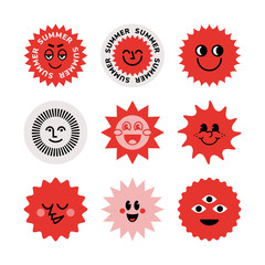 A set of stickers. The sun, logo, smile face, good mood. Brutalism, modern design. The style of the 80s. - 338534383