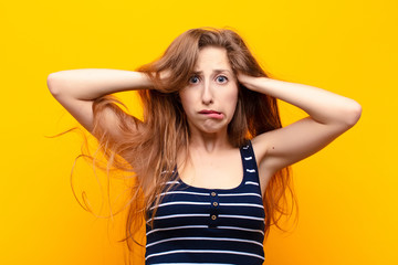 yound blonde woman feeling frustrated and annoyed, sick and tired of failure, fed-up with dull,...