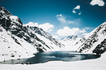 View of a lake lying in the snow in Patagonia
