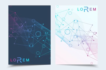 Vector templates for brochure magazine leaflet flyer cover booklet annual report. Modern futuristic hexagonal pattern with particle, molecule structure for medical, technology, chemistry, science.